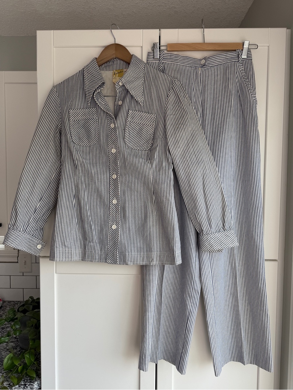 Vintage Blue White Striped Light Denim Pantsuit Set Size Top 11/12 Bottom 13/14